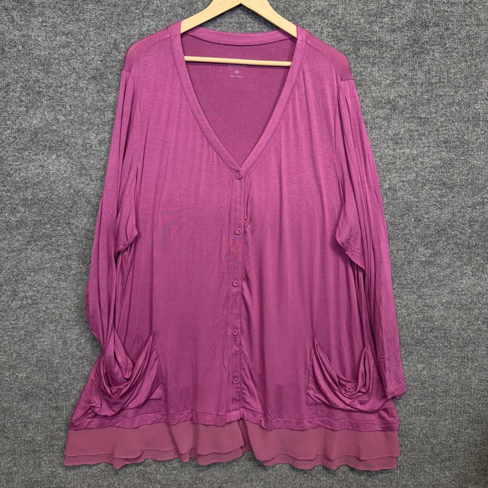 LOGO Lori Goldstein Plus Size 3X Cardigan Pink Combo Buttons Pockets Long Sleeve